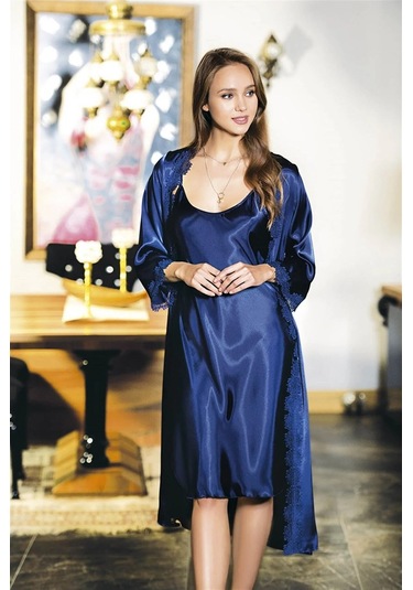 Ahu Kadın Lacivert Saten Sabahlık Gecelik Takım Lacivert