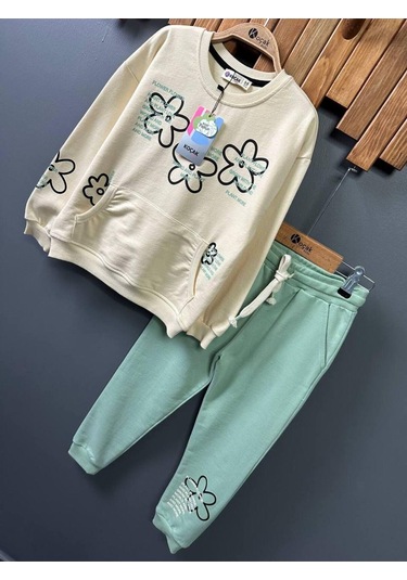 Çiçekli Kanguru Cepli Kız Çocuk 2'li Takım Yeşil