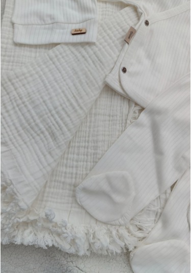 Kız Erkek Bebek 4 Kat Müslin Battaniyeli Ekru 6'lı Hastane Çıkışı Ekru