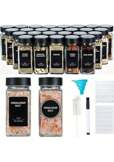 Trendooze Kahverengi 12li Cam Baharat Şişesi Seti 4oz Kapaklı Fırınlı Funnel Ve Kalem Kahverengi Siyah