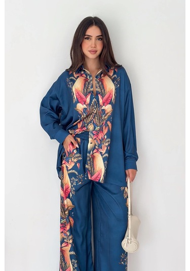 Saten Kumaş Desenli Takım Lacivert Lacivert