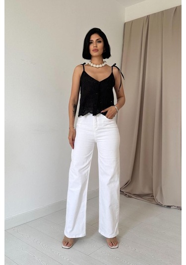 Siyah Bağcıklı Brode Bluz Siyah