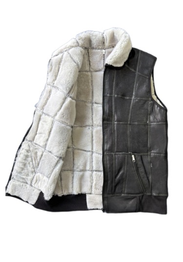 Patchwoork İçi Dışı Gerçek Deri Yakalı Beli Trikolu Yelek Siyah