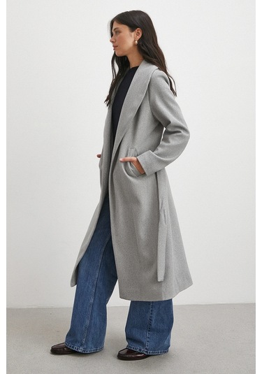 Kuşaklı Kaşe Kaban Gri Gri