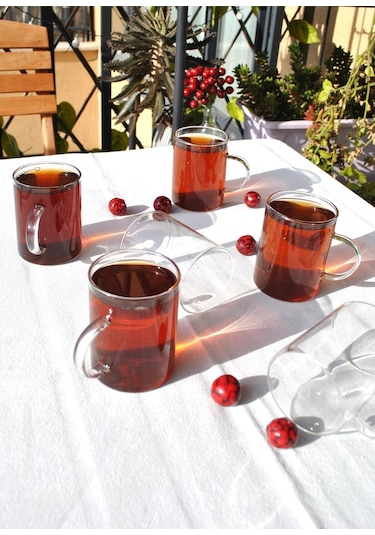 6lı Borosılıkat Cam Kupa Çay Bardak 200 Ml Kulplu Çay Bardağı Sade Şeffaf