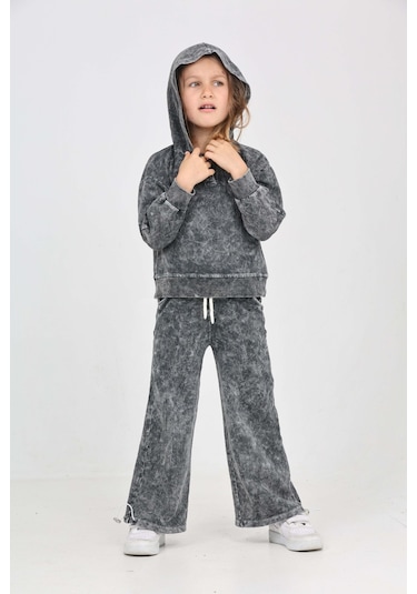 Toontoy Kız Çocuk Yıkamalı Arkası Baskılı Eşofman Takım Ekru