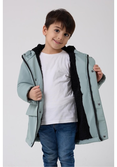 Erkek Çocuk Kürklü Su Ve Rüzgar Geçirmez Kapüşonlu 3 Kışlık Mont & Kaban & Parka Mint Yeşil