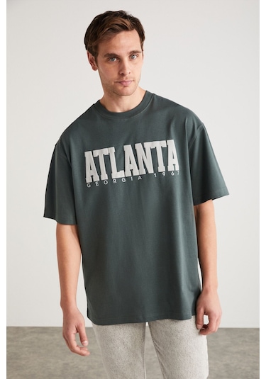 ATLANTA Erkek %100 Pamuklu Kısa Kollu Baskı Detaylı Yeşil T-Shirt