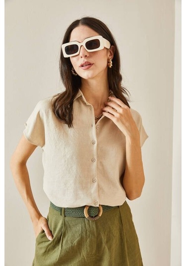 Kadın Keten Kumaş Kısa Kollu Gömlek Karışık Çok Renkli