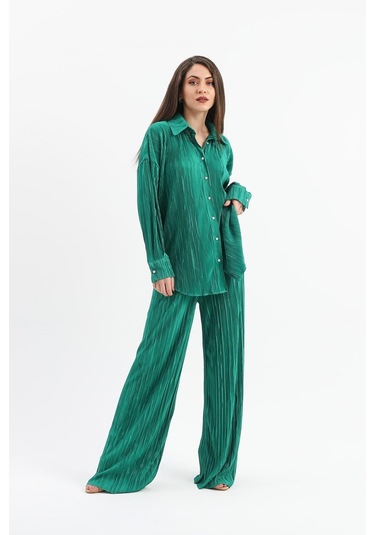 Düğme Detaylı Örme Pilise Takım - Yeşil-yeşil Yeşil