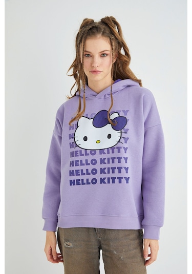 Hello Kitty Lisanslı Baskılı Kapüşonlu Oversize Sweatshirt Çok Renkli