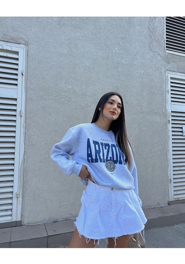 Arizona Yazılı Sweatshirt - Gri Baskılı Oversize Bisiklet Yaka Gri