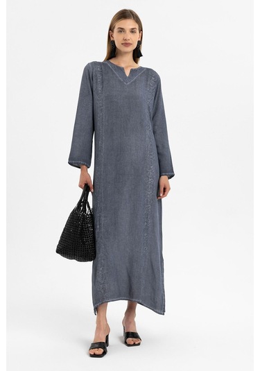 Gri İşlemeli Uzun Kollu Astarsız Pamuklu Uzun Elbise-gri Gri
