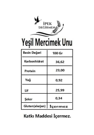 İpek Değirmen Glutensiz Yeşil Mercimek Unu Katkısız Çölyak 2 KG