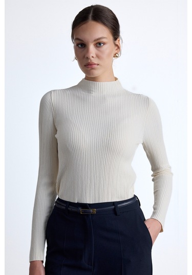 Yüksek Yaka Triko Bluz Ekru Ekru