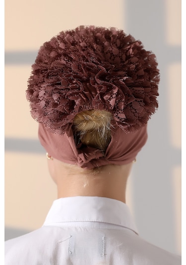 Kadın Fırfırlı Güpürlü Tesettür Topuz Bone - Gül Kurusu Gülkurusu