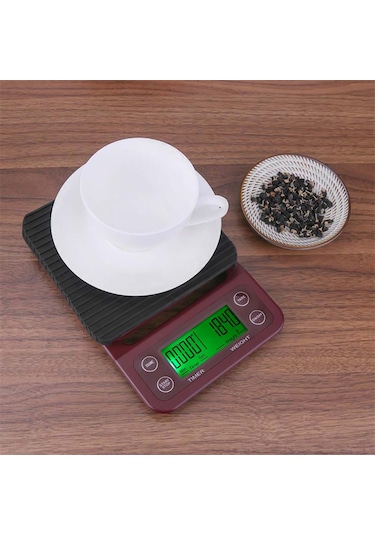 Konesam Kahve Ve Pasta Pişirme İçin Kesin Zamanlayıcıli Mutfak Terazi - Bordo 3kg/0.1g, Aaa Pil Gerektirir Pil Dahil Değil Bordo