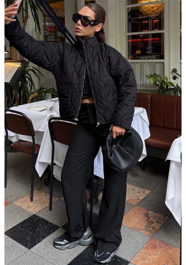 Siyah Dik Yaka Kapitone Kadın Mont Mg2568 Siyah