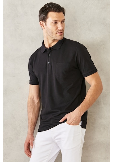 Ac&Co / Altınyıldız Classics Erkek Koyu Siyah Polo Yaka Cepli Regular Fit Bol Kesim Düz Tişört 4A4820200004SssxXL Siyah