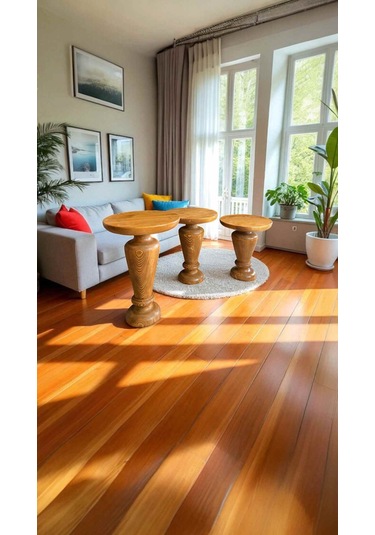 Minimalist Mantar Sehpa Seti 3 Lü Masif Tik Ahşap Zigon