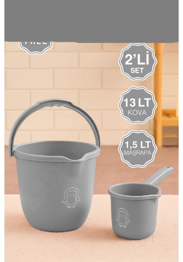Çocuklar İçin 2'li Banyo Seti Kulplu Kova & Oluklu Maşrapa Set Gri