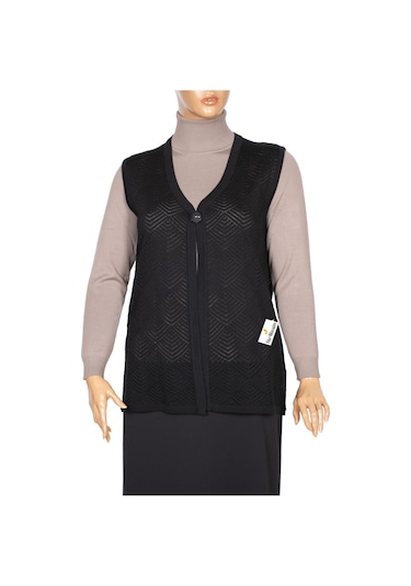 Hesna Kadın Taçlı Triko Ajurlu Broşlu Yelek Siyah Siyah