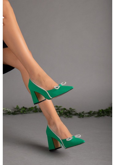 Saten Taşlı Kalın Topuk Yeşil Kadın Stiletto-2033-YEŞİL
