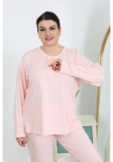 Akbeniz Kadın Büyük Beden Uzun Kol Penye Pijama Takımı Pembe 202501 Pembe