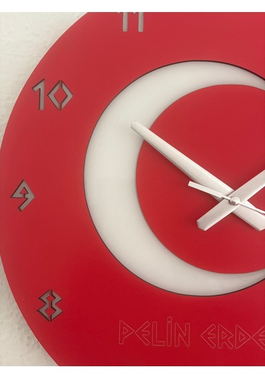Kişiye Özel İsim Yazılı Ay Yıldız Türk Bayrağı Duvar Saati Epoksi Dolgulu 40 Cm Kırmızı - Beyaz
