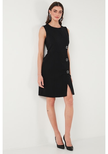 Lela Standart Fit Kemerli Bisiklet Yaka Mini Bayan Elbise 611El1964 Siyah