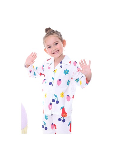 Kiz Çocuk Desenli Düğmeli Uzun Kollu Pi Jama Takimi-1074 Çok Renkli