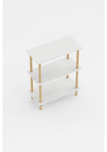 Dekoratif 3 Raflı Ahşap Ayaklı Kitaplık Yan Sehpa Beyaz