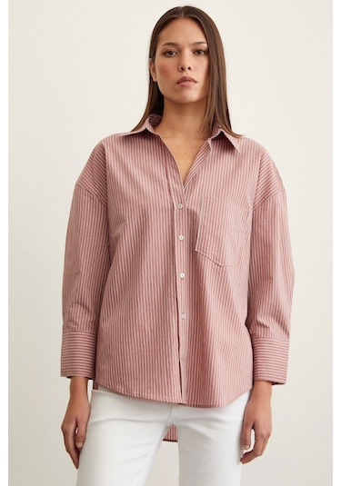 Never More Çizgili Oversize Gömlek Gül Kurusu Gülkurusu