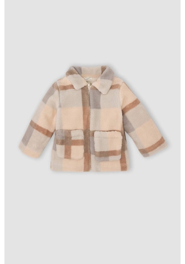 DeFacto 	Kız Bebek Gömlek Yaka Fermuarlı Kare Desenli Welsoft Pelüş Hırka D3826A524WNBE88 Mavi