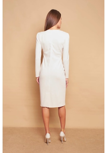 Kruvaze Anvelop Uzun Kol Hafif Likralı Triko Elbise-şampanya Şampanya