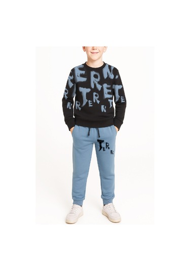 Erkek Çocuk 2 İplik Şardonsuz Alt-üst Takım Yazı Baskılı 3-10 Yaş 12413 Petrol Mavisi