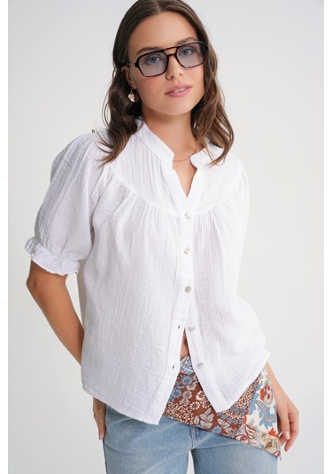 4725 Kadın Büzgü Robalı Kolu Fırfırlı Müslin Gömlek Beyaz Beyaz