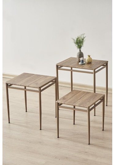 Damrin Serisi Traverten Desen 1. Sınıf Mebran Mdf 3 Lü Zigon Sehpa Takımı Ceviz Desen - Bronz Ayak