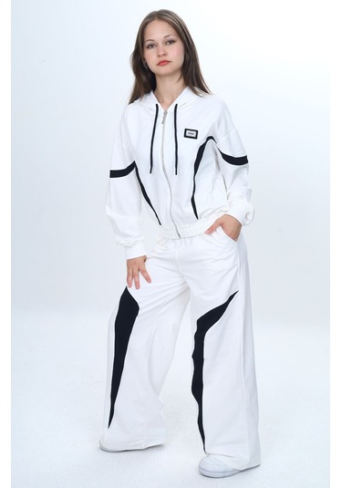 Kız Çocuk %100 Pamuk Garnili Kapüşonlu Fermuarlı Oversize Alt&üst Trend Eşofman Takımı-315-eşt-0003 Ekru