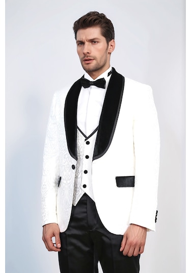 Barok Desenli Kadife Şal Yaka Yelekli Beyaz Smokin - Wessi Beyaz
