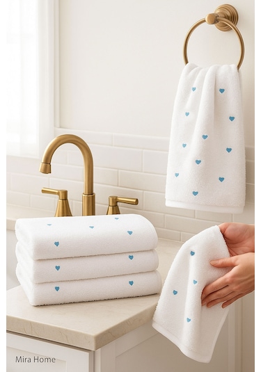 4 Lü Kalp Nakış İşlemeli El Yüz Havlu Seti %100 Pamuklu 50x90 Cm Hand Of Love Turkuaz