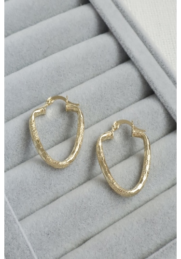 Kadın Küpe Kararmaz 14k Renk Vip Seri Dokulu Oval Modern Form 3cm Halka Küpe Altın