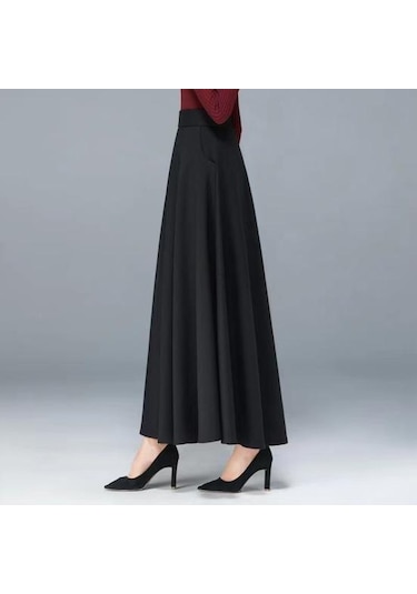 Kadın Maxi Etek Elastik Yüksek Bel Büyük Etek A Kesim Uzun Etek Cepli Düz Renk Ofis Siyah