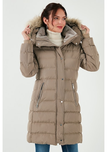 Lela Regular Fit Çıkarılabilir Kapüşonlu Fermuarlı Cepli Şişme Bayan Mont 497Emily Koyu Bej