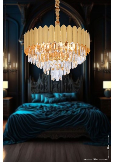 Rossa 50'lik Kristal Prizma Taşlı Lüks Avize - Sarı Yaldız Renk Sarı Yaldız