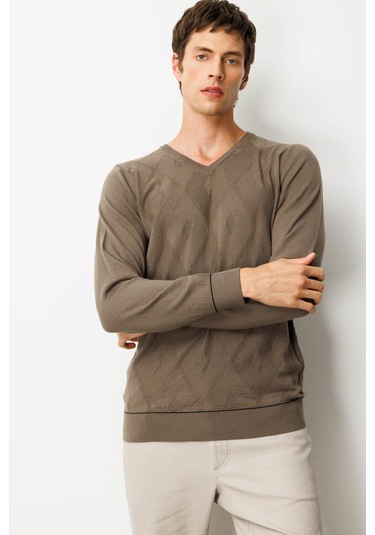 Erkek V Yaka Çizgili Baklavalı Yün Kazak Vizon Vizon