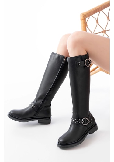 Siyah Toka Aksesuarlı Lastikli Fermuarlı Günlük Kadın Çizme Siyah