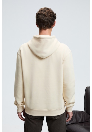 Grimelange JUSTUS Erkek Kapüşonlu Kanguru Cepli Fermuar Yakalı Krem Sweatshirt