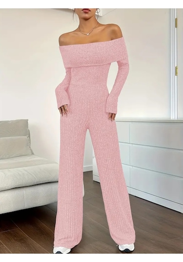 Ge Ticaret Kadın Uzun Kollu Madonna Yaka Şardonlu Kaşkorse Tulum Pembe