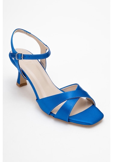 Melin Sax Mavi Saten Çapraz Bantlı Kadın Topuklu Ayakkabı Saks Mavi